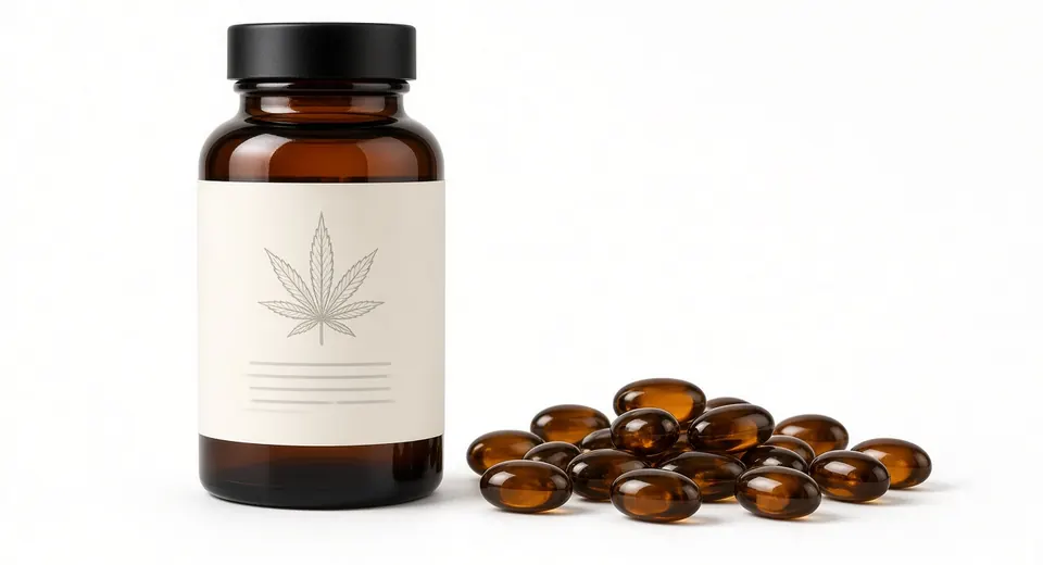 Medical cannabis softgel capsules beside an amber medicine bottle on a clean white surface